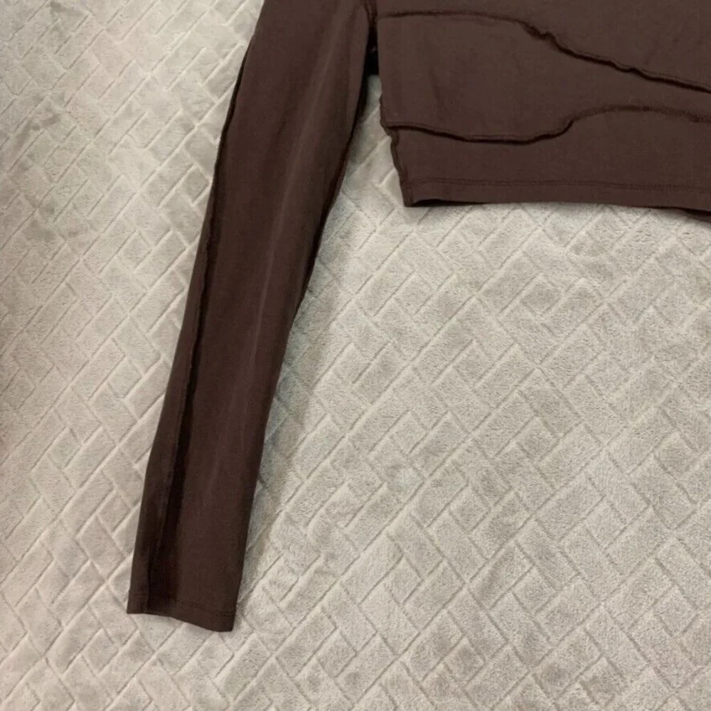 Shein Womens S T Shirt Brown Long Sleeve Cropped Inverted Seam Asymmetric Neck